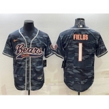 Men's Chicago Bears Blank #1 Justin Fields Grey Camo With Patch Cool Base Stitched Baseball Jersey