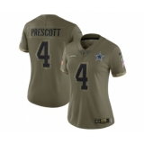 Women's Nike Dallas Cowboys #4 Dak Prescott 2022 Olive Salute To Service Limited Stitched Jersey