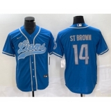Men's Nike Detroit Lions #14 Amon Ra St Brown Blue Cool Base Stitched Baseball Jersey