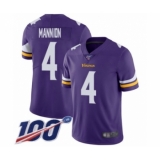 Men's Minnesota Vikings #4 Sean Mannion Purple Team Color Vapor Untouchable Limited Player 100th Season Football Jersey