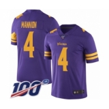 Men's Minnesota Vikings #4 Sean Mannion Limited Purple Rush Vapor Untouchable 100th Season Football Jersey