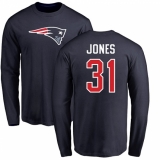 NFL Nike New England Patriots #31 Jonathan Jones Navy Blue Name & Number Logo Long Sleeve T-Shirt