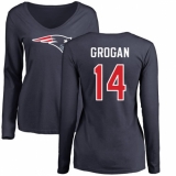 NFL Women's Nike New England Patriots #14 Steve Grogan Navy Blue Name & Number Logo Slim Fit Long Sleeve T-Shirt