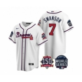 Men's Atlanta Braves #7 Dansby Swanson 2021 White World Series With 150th Anniversary Patch Cool Base Baseball Jersey