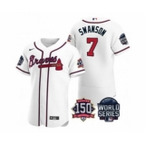Men's Atlanta Braves #7 Dansby Swanson 2021 White World Series Flex Base With 150th Anniversary Patch Baseball Jersey