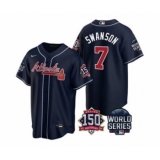 Men's Atlanta Braves #7 Dansby Swanson 2021 Navy World Series With 150th Anniversary Patch Cool Base Baseball Jersey
