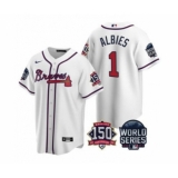 Men's Atlanta Braves #1 Ozzie Albies 2021 White World Series With 150th Anniversary Patch Cool Base Baseball Jersey