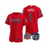 Men's Atlanta Braves #1 Ozzie Albies 2021 Red World Series Flex Base With 150th Anniversary Patch Baseball Jersey