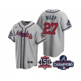Men's Atlanta Braves #27 Austin Riley 2021 Grey World Series Champions With 150th Anniversary Patch Cool Base Stitched Jersey