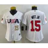 Women's USA Baseball #15 Bobby Witt Jr Number 2023 White World Classic Replica Stitched Jerseys
