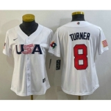 Women's USA Baseball #8 Trea Turner 2023 White World Classic Stitched Jerseys