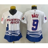 Women's Puerto Rico Baseball #9 Javier Baez White 2023 World Baseball Classic Stitched Jersey