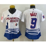Women's Puerto Rico Baseball #9 Javier Baez White 2023 World Baseball Classic Stitched Jerseys
