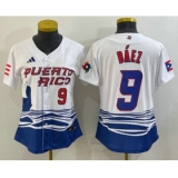 Womens Puerto Rico Baseball #9 Javier Baez Number White 2023 World Baseball Classic Stitched Jersey