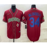 Mens Mexico Baseball #34 Fernando Valenzuela 2023 Red Blue World Baseball Classic Stitched Jersey