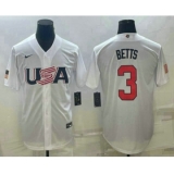 Men's USA Baseball #3 Mookie Betts 2023 White World Baseball Classic Replica Stitched Jersey