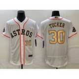 Men's Houston Astros #30 Kyle Tucker Number 2023 White Gold World Serise Champions Flex Base Stitched Jersey1
