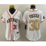Women's Houston Astros #30 Kyle Tucker Number 2023 White Gold World Serise Champions Cool Base Stitched Jersey1