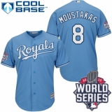 Men's Majestic Kansas City Royals #8 Mike Moustakas Replica Light Blue Alternate 1 Cool Base 2015 World Series