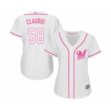 Women's Milwaukee Brewers #58 Alex Claudio Replica White Fashion Cool Base Baseball Jersey