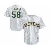Youth Milwaukee Brewers #58 Alex Claudio Replica White Home Cool Base Baseball Jersey