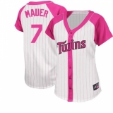 Women's Majestic Minnesota Twins #7 Joe Mauer Replica White/Pink Splash Fashion MLB Jersey