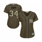 Women's New York Yankees #34 J.A. Happ Authentic Green Salute to Service Baseball Jersey