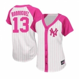 Women's Majestic New York Yankees #13 Alex Rodriguez Replica White/Pink Splash Fashion MLB Jersey