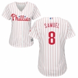Women's Majestic Philadelphia Phillies #8 Juan Samuel Replica White/Red Strip Home Cool Base MLB Jersey