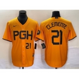 Men's Nike Pittsburgh Pirates #21 Roberto Clemente Number Gold 2023 City Connect Stitched Jersey1