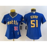 Women's Seattle Mariners #51 Ichiro Suzuki Number Blue 2023 City Connect Cool Base Stitched Jersey1