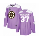 Men's Boston Bruins #37 Patrice Bergeron Authentic Purple Fights Cancer Practice 2019 Stanley Cup Final Bound Hockey Jersey