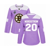 Women's Boston Bruins #20 Joakim Nordstrom Authentic Purple Fights Cancer Practice 2019 Stanley Cup Final Bound Hockey Jersey