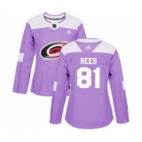 Women's Carolina Hurricanes #81 Jamieson Rees Authentic Purple Fights Cancer Practice Hockey Jersey