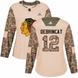 Women's Adidas Chicago Blackhawks #12 Alex DeBrincat Authentic Camo Veterans Day Practice NHL Jersey