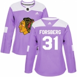 Women's Adidas Chicago Blackhawks #31 Anton Forsberg Authentic Purple Fights Cancer Practice NHL Jersey