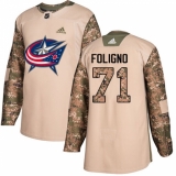 Men's Adidas Columbus Blue Jackets #71 Nick Foligno Authentic Camo Veterans Day Practice NHL Jersey