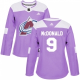 Women's Adidas Colorado Avalanche #9 Lanny McDonald Authentic Purple Fights Cancer Practice NHL Jersey