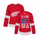Women's Detroit Red Wings #61 Jacob de la Rose Authentic Red USA Flag Fashion Hockey Jersey