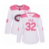 Women's Montreal Canadiens #32 Christian Folin Authentic White Pink Fashion Hockey Jersey