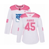 Women's New York Rangers #45 Kaapo Kakko Authentic White Pink Fashion Hockey Jersey