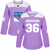 Women's Adidas New York Rangers #36 Glenn Anderson Authentic Purple Fights Cancer Practice NHL Jersey