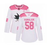Women's San Jose Sharks #58 Dillon Hamaliuk Authentic White Pink Fashion Hockey Jersey