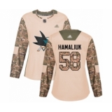 Women's San Jose Sharks #58 Dillon Hamaliuk Authentic Camo Veterans Day Practice Hockey Jersey