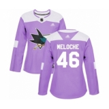 Women's San Jose Sharks #46 Nicolas Meloche Authentic Purple Fights Cancer Practice Hockey Jersey
