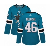Women's San Jose Sharks #46 Nicolas Meloche Authentic Teal Green Home Hockey Jersey