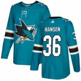 Men's Adidas San Jose Sharks #36 Jannik Hansen Premier Teal Green Home NHL Jersey