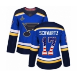 Women's St. Louis Blues #17 Jaden Schwartz Authentic Blue USA Flag Fashion 2019 Stanley Cup Champions Hockey Jersey