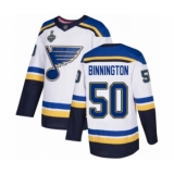 Men's St. Louis Blues #50 Jordan Binnington Authentic White Away 2019 Stanley Cup Final Bound Hockey Jersey