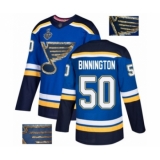 Men's St. Louis Blues #50 Jordan Binnington Authentic Royal Blue Fashion Gold 2019 Stanley Cup Final Bound Hockey Jersey